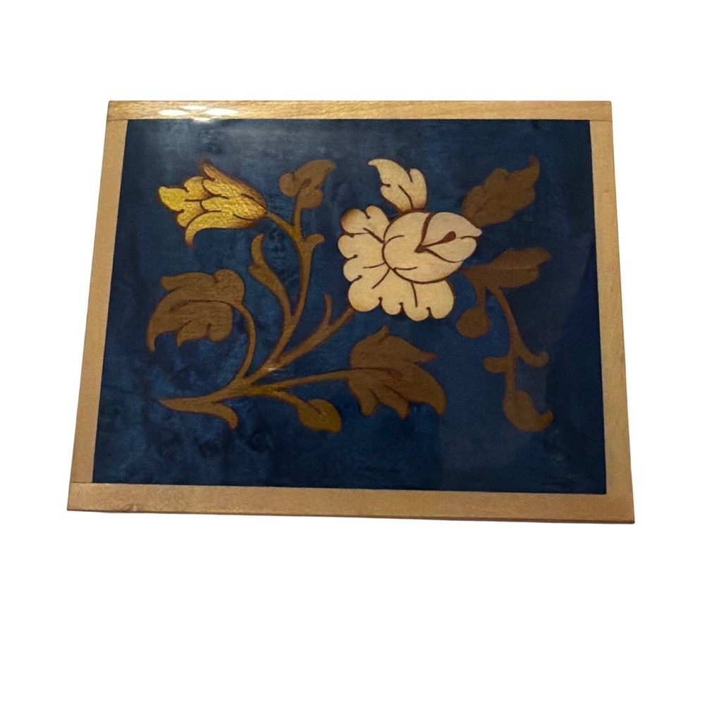 Reuge Italy Musical Jewelry Box Blue Wood Marquetry Floral Inlay Vintage Swiss